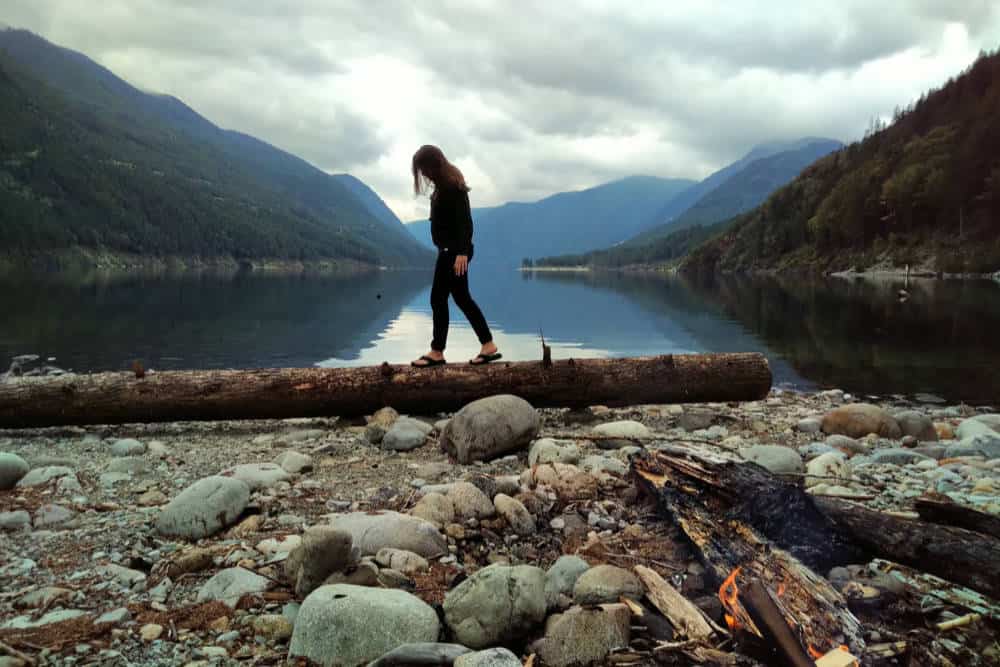 Tara walking over fallen tree